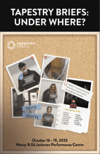 Tapestry Opera's "Tapestry Briefs: Under Where?" poster, featuring suspect mugshots for opera shorts event.