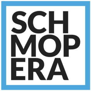 Schmopera logo with black text on white background, framed in blue.